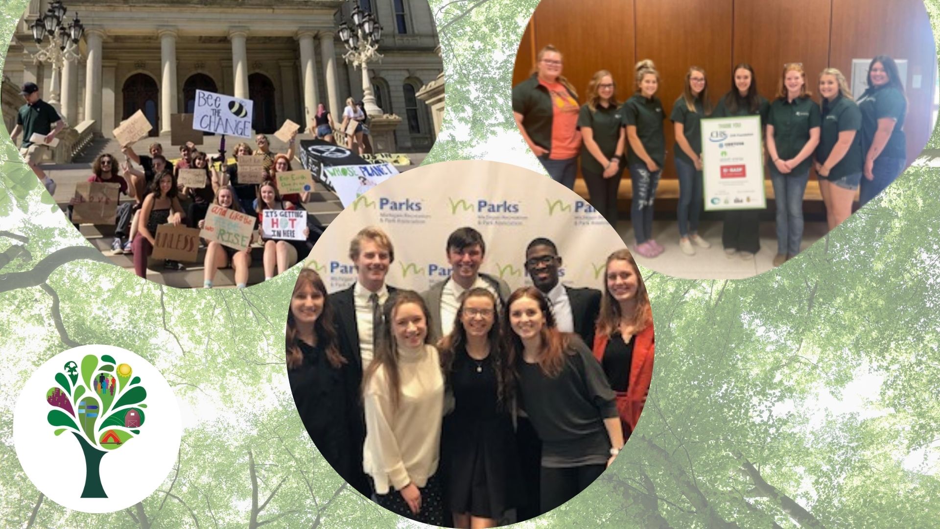 Three images of groups of students on a background image of a tree canopy.